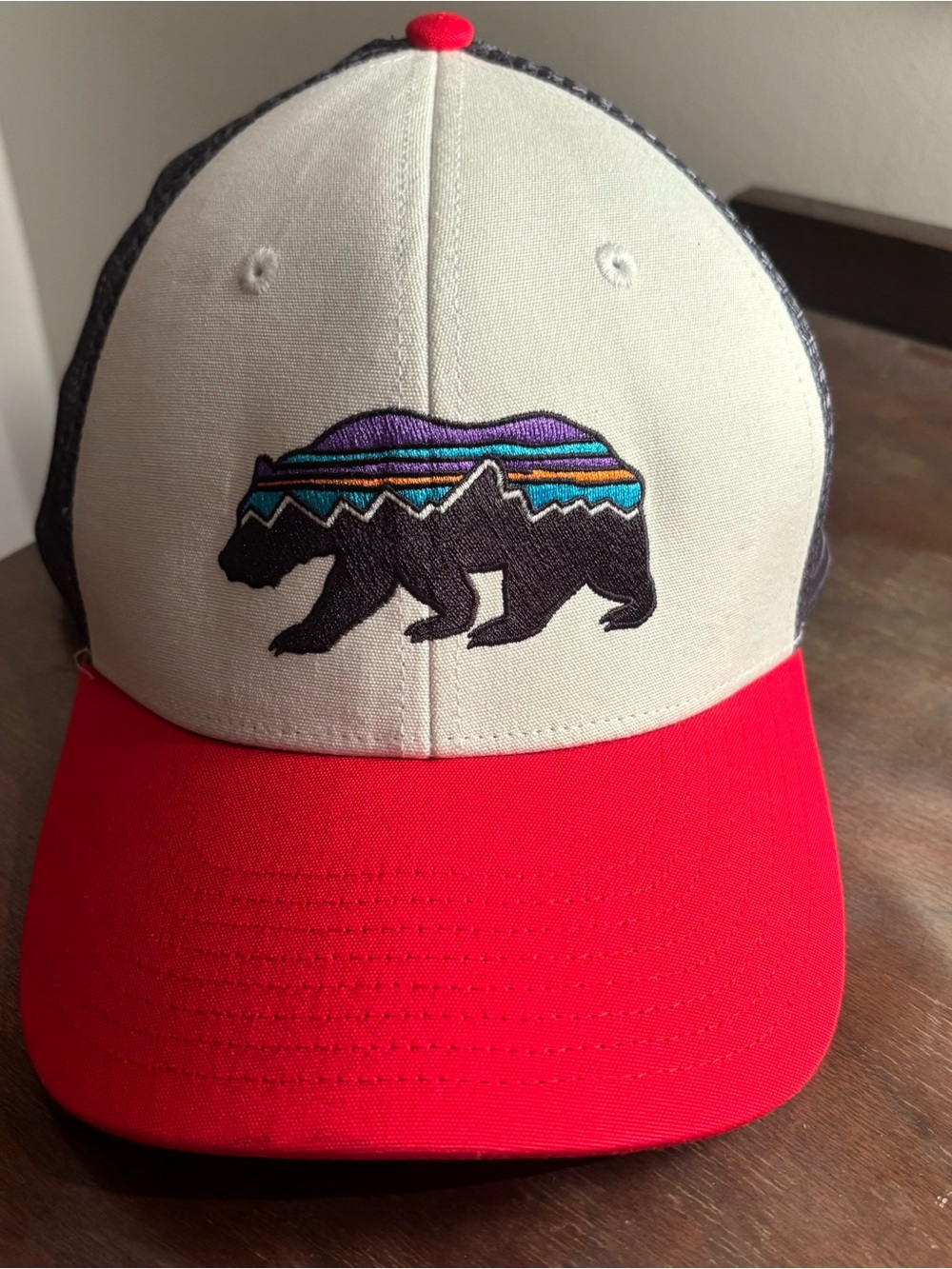 Patagonia Trucker Hat - Red Bill with Cream Front and Multicolor Bear